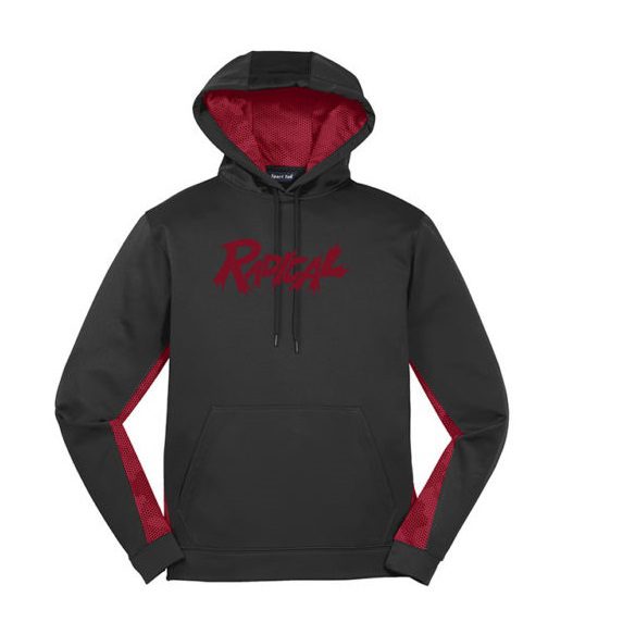 black hoodie with red inside